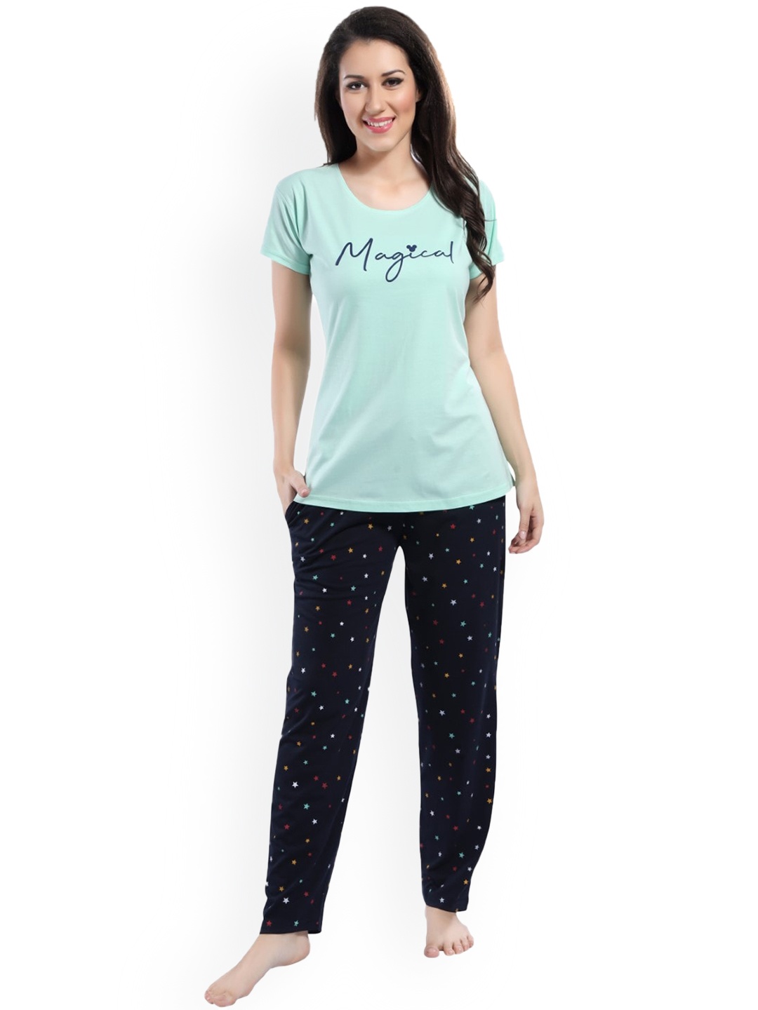 

DZZO Typography Printed T-Shirt With Pyjama Night suit, Green