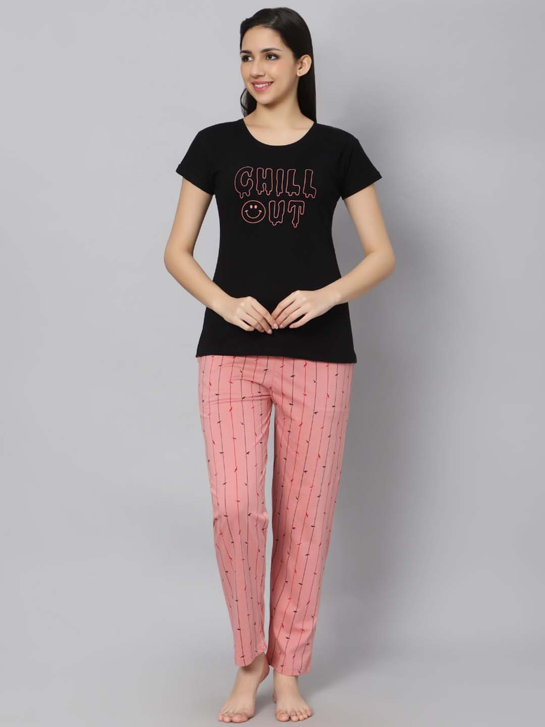 

DZZO Typography Printed T-Shirt With Pyjamas, Black