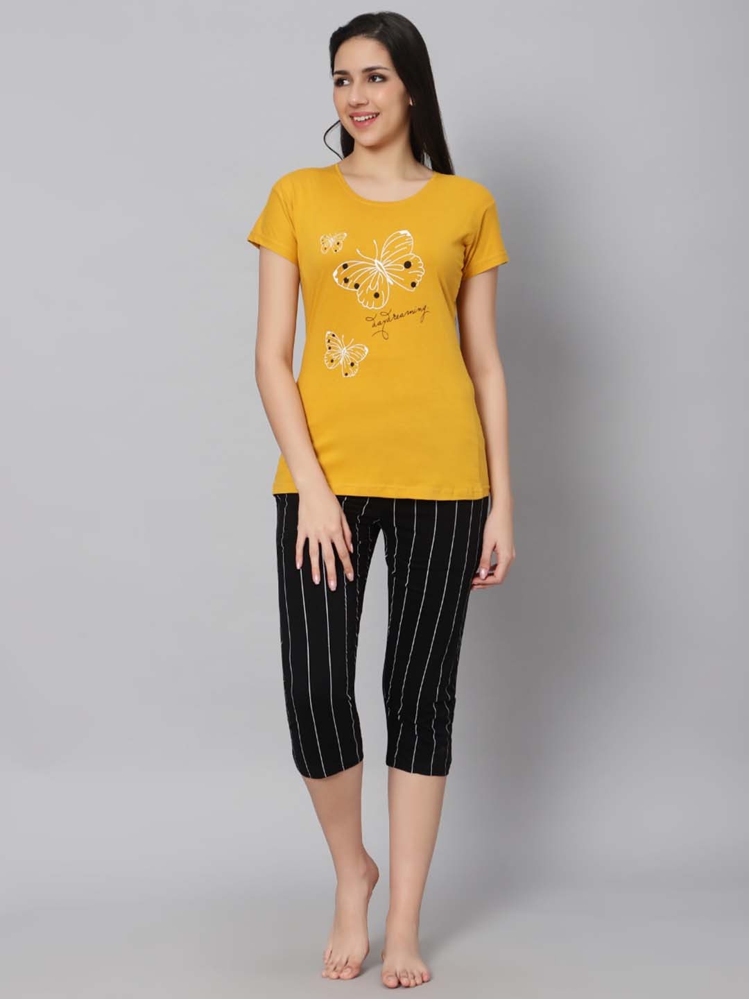 

DZZO Women Printed Top & Capri Set, Yellow
