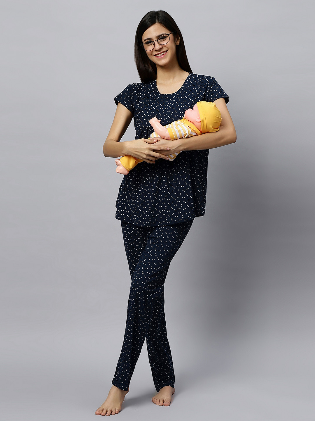 

DZZO Blue Geometric Printed Feeding Night suit, Navy blue