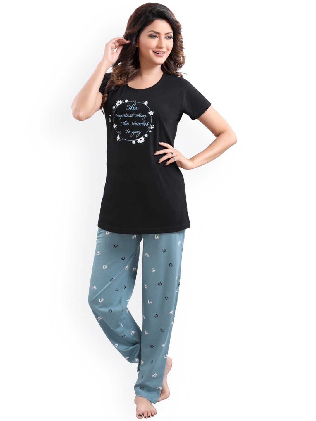 

DZZO Typography Printed T-Shirt With Pyjama Night suit, Black