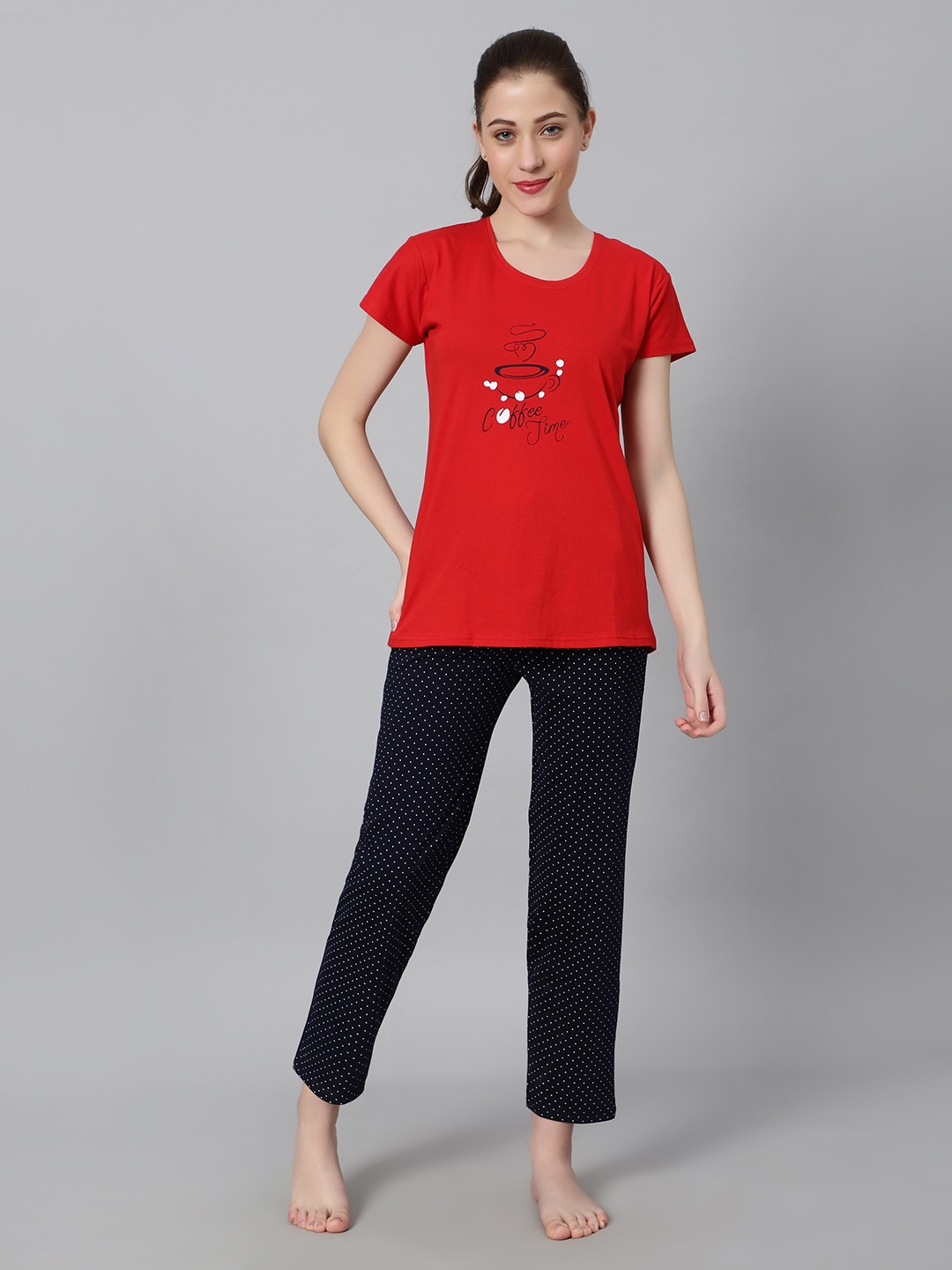 

DZZO Typography Printed T-Shirt & Pyjama Night Suits, Red