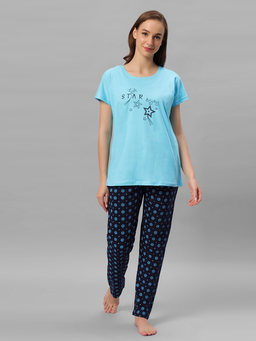 

DZZO Conversational Print Night suit, Blue
