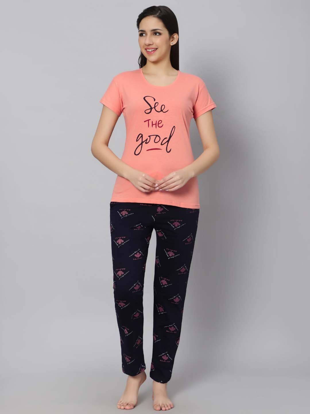 

DZZO Typography Printed T-Shirt & Pyjama Night Suits, Peach