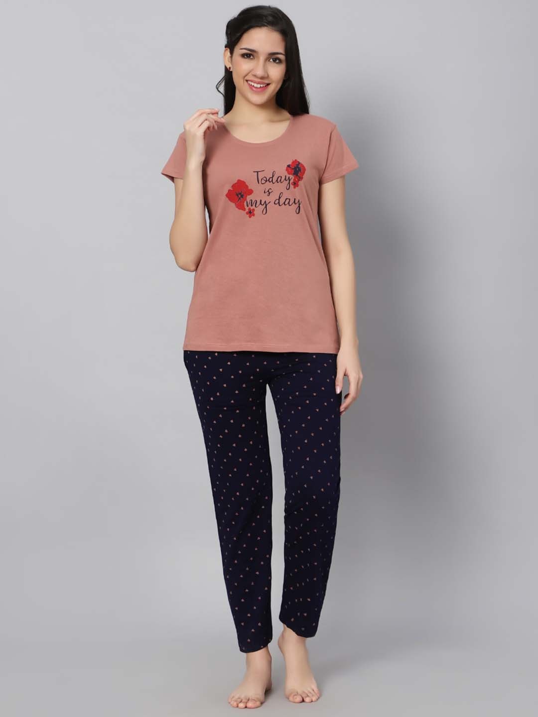 

DZZO Typography Printed T-Shirt With Pyjamas, Peach