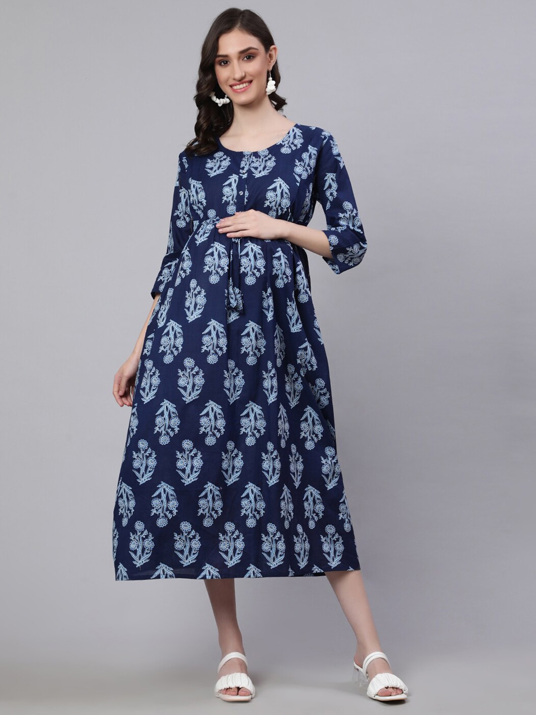 

Nayo Blue Floral Printed Round Neck Maternity Feeding Cotton A-Line Dress