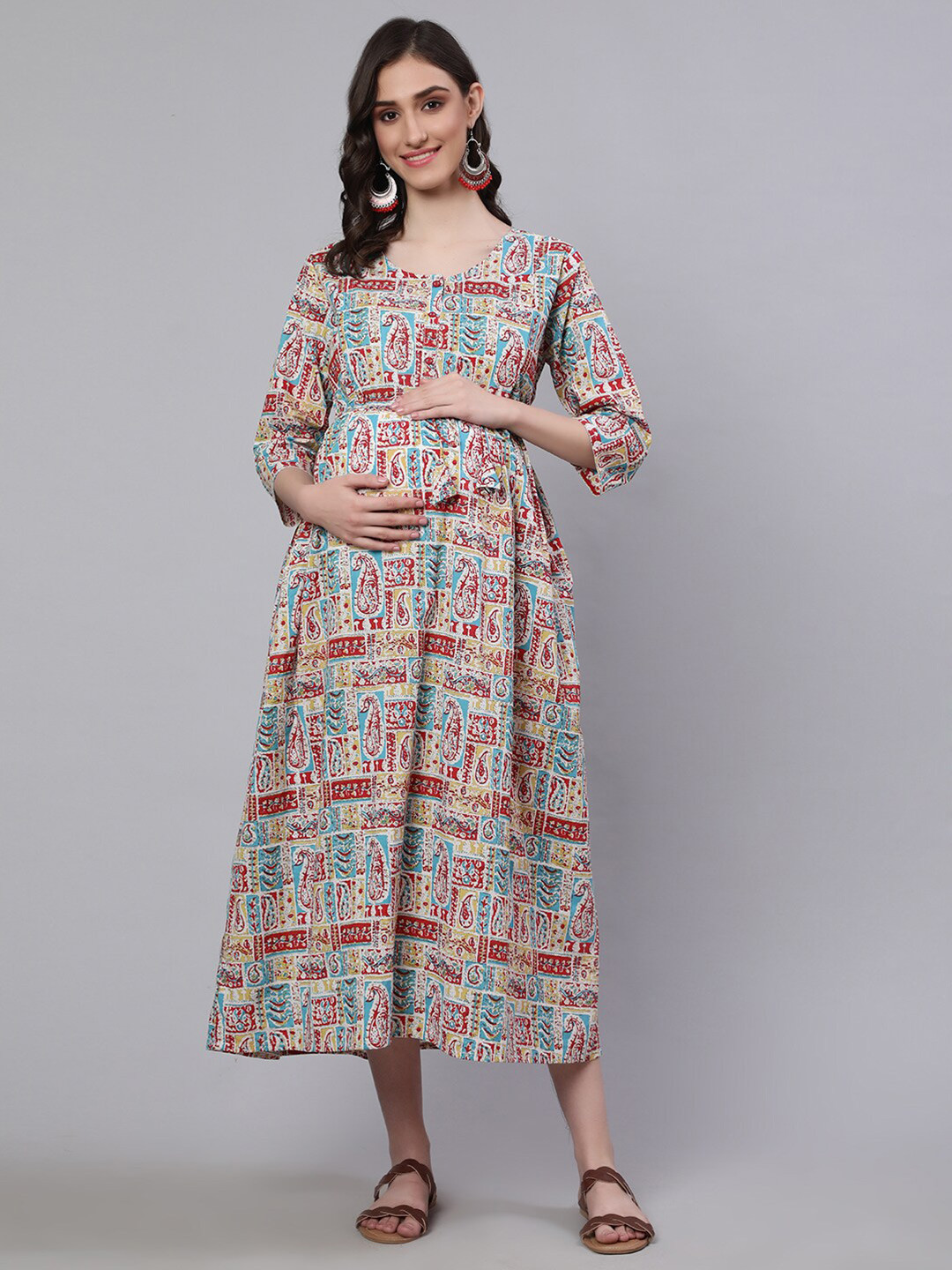 

Nayo Red & Blue Paisley Printed Round Neck Maternity Feeding Cotton A-Line Dress