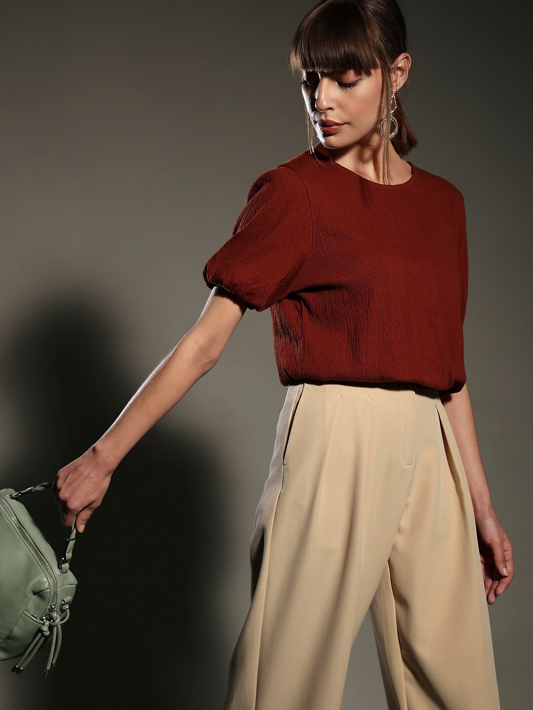 

Vero Moda Round Neck Puff Sleeves Blouson Top, Maroon