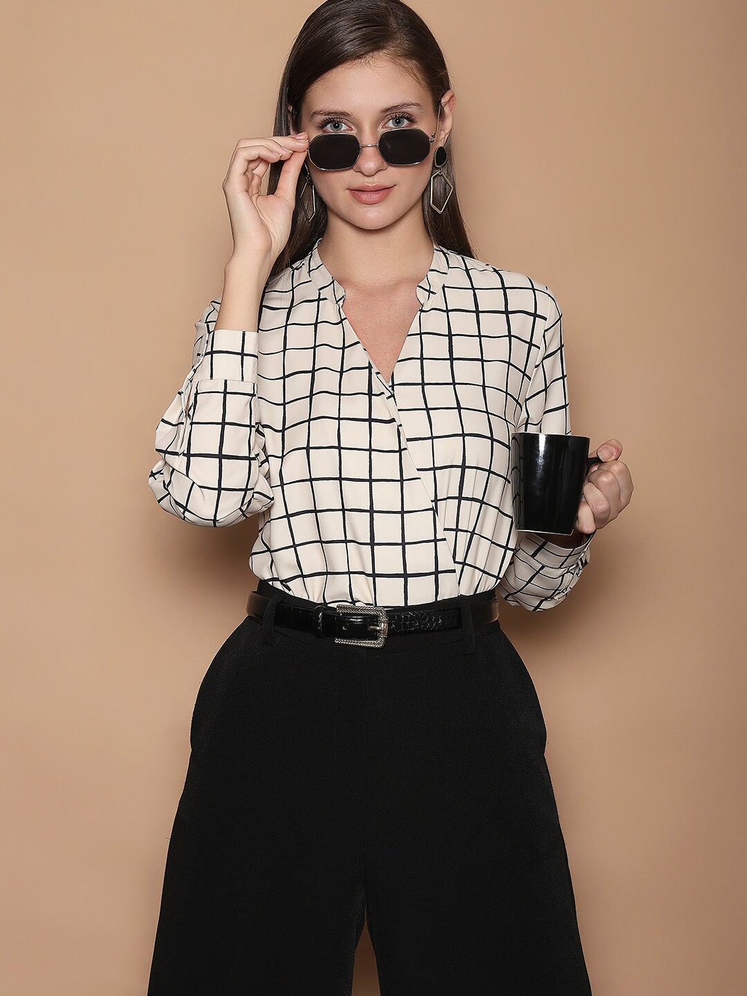 

Vero Moda Checked Mandarin Collar Cuffed Sleeves Shirt Style Top, Beige