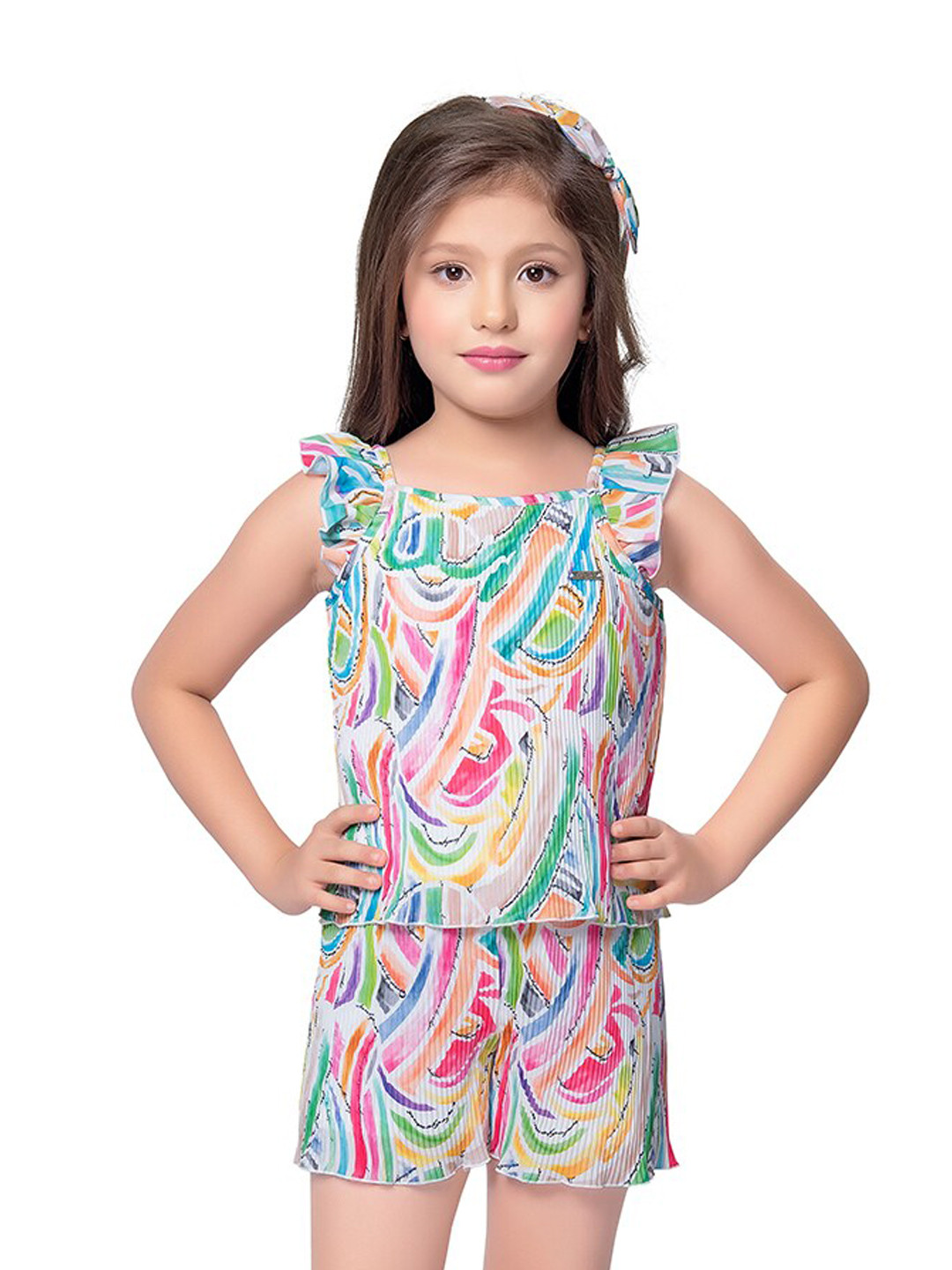 

Tiny Baby Girls Square Neck Printed Top with Shorts & Hairband, Pink