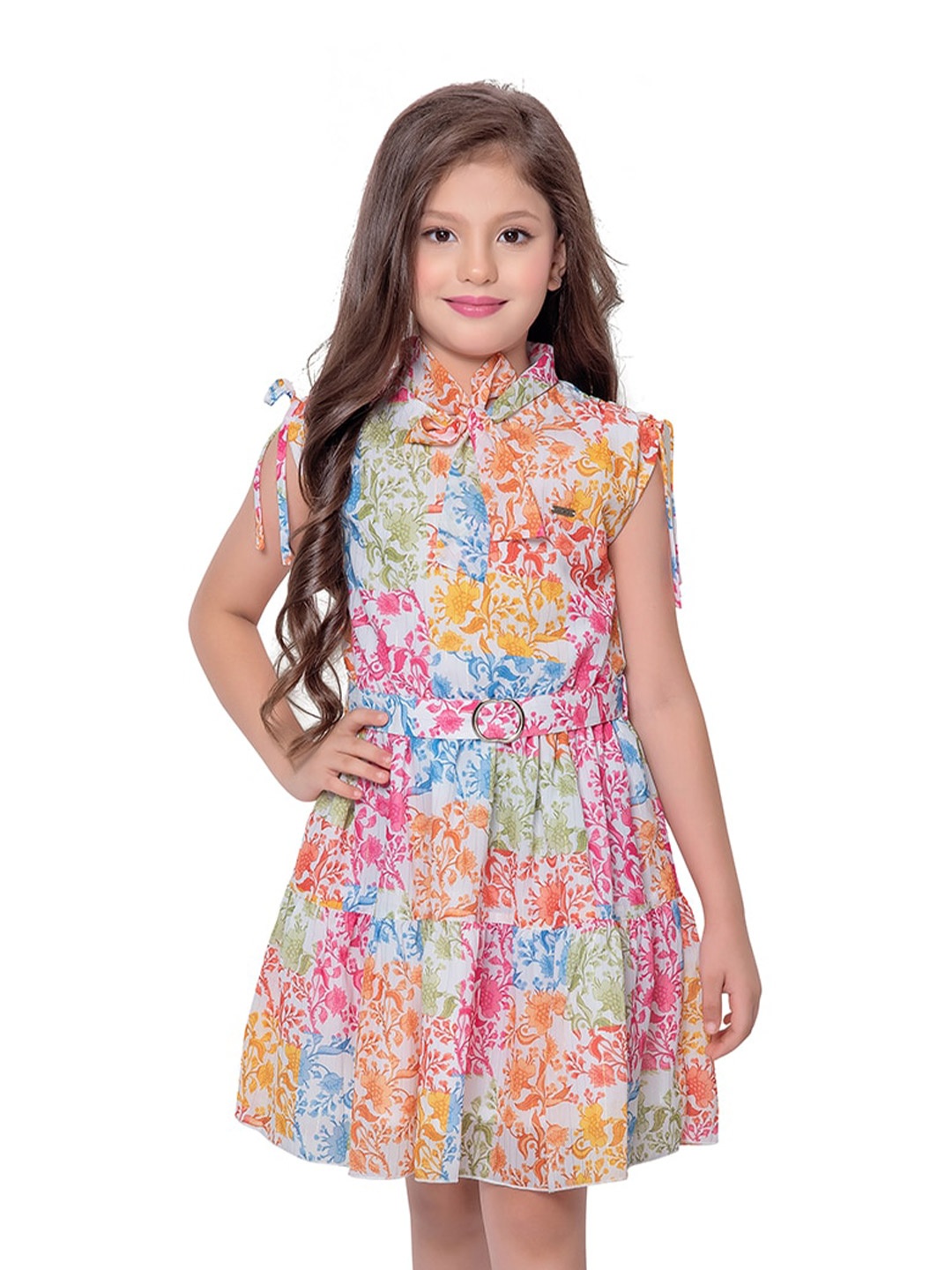 

Tiny Baby Floral Printed Tie-Up Neck Fit & Flare Dress with Belt, Pink