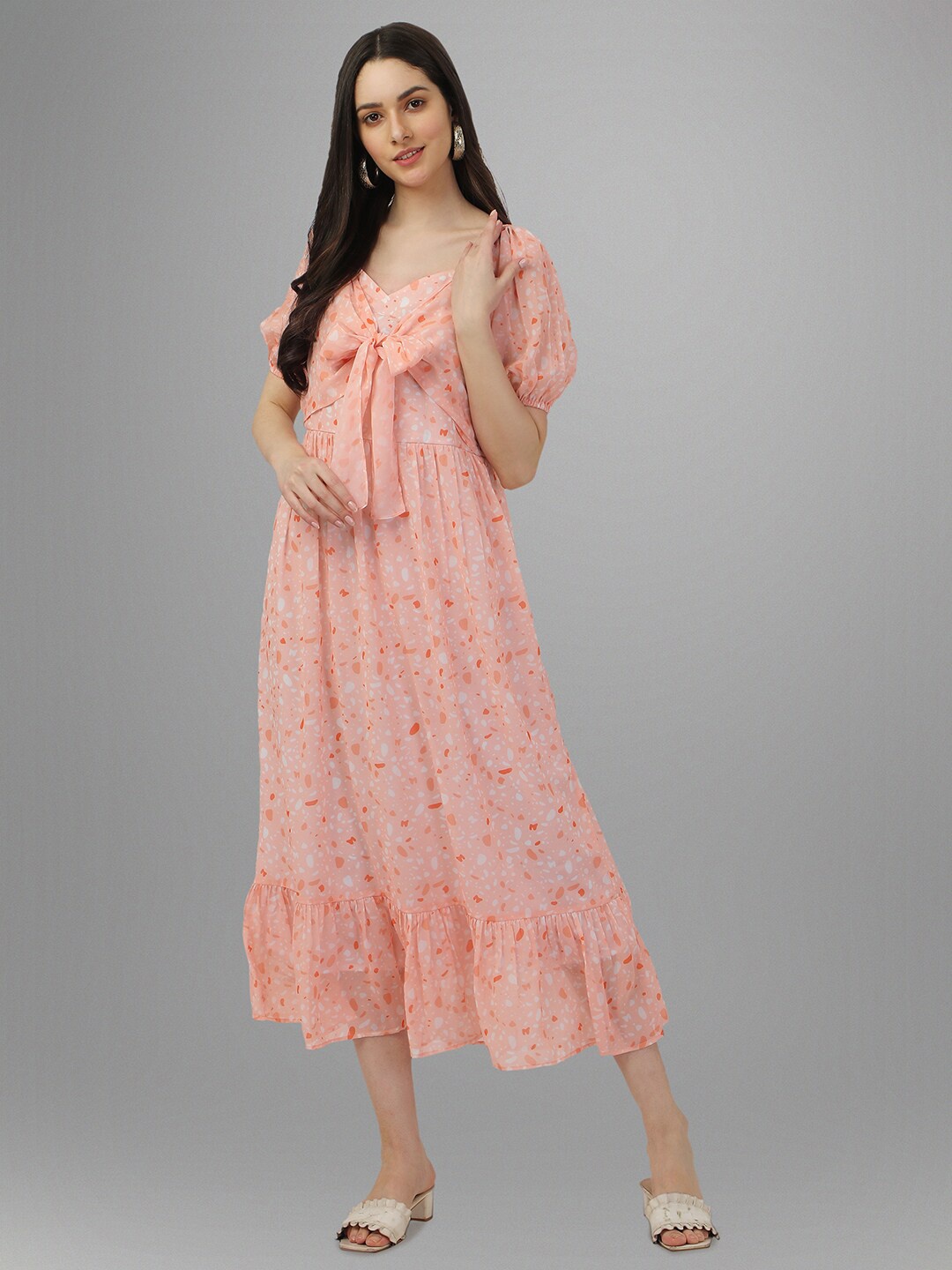 

Masakali.Co Abstract Printed Sweetheart Neck Puff Sleeves Georgette Fit & Flare Dress, Peach