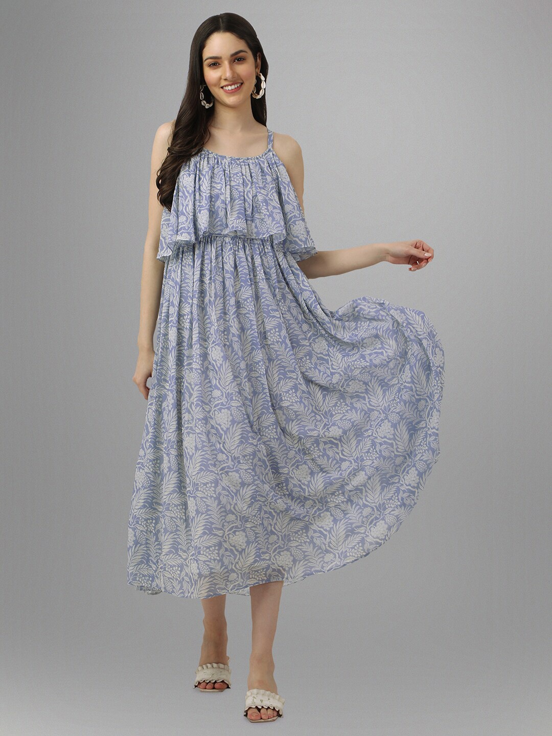 

Masakali.Co Floral Printed Shoulder Straps Georgette Fit & Flare Dress, Blue