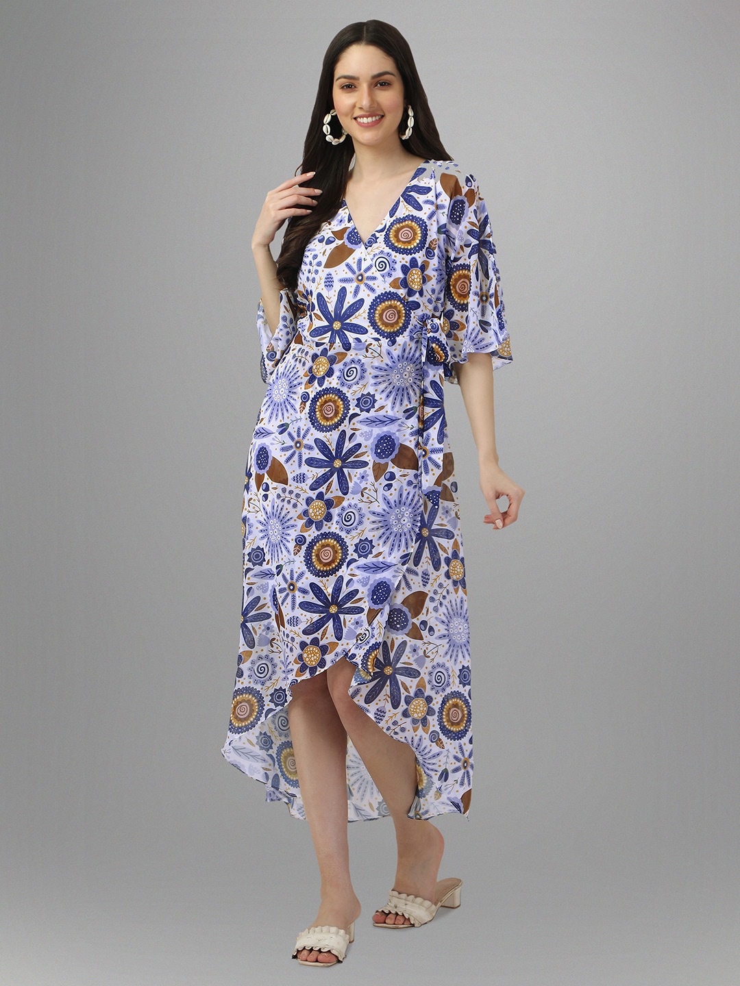 

Masakali.Co Floral Printed V-Neck Flared Sleeves Georgette Wrap Dress, White