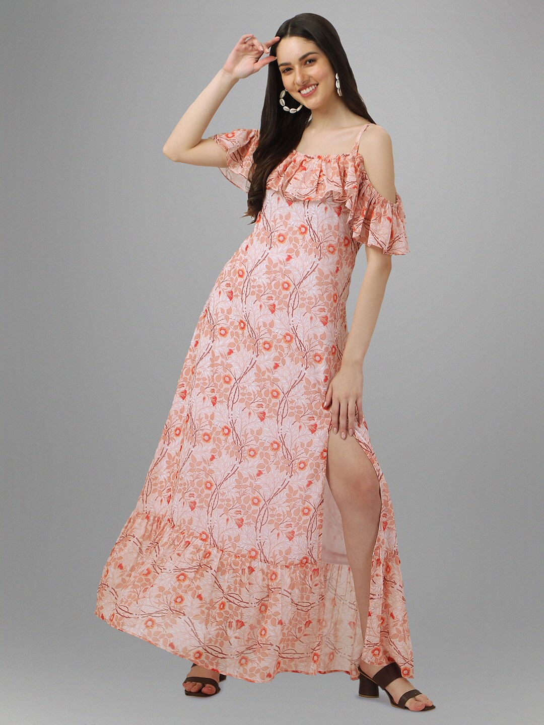Masakali.Co Floral Printed Shoulder Straps Cold-Shoulder Georgette Maxi Dress, Peach