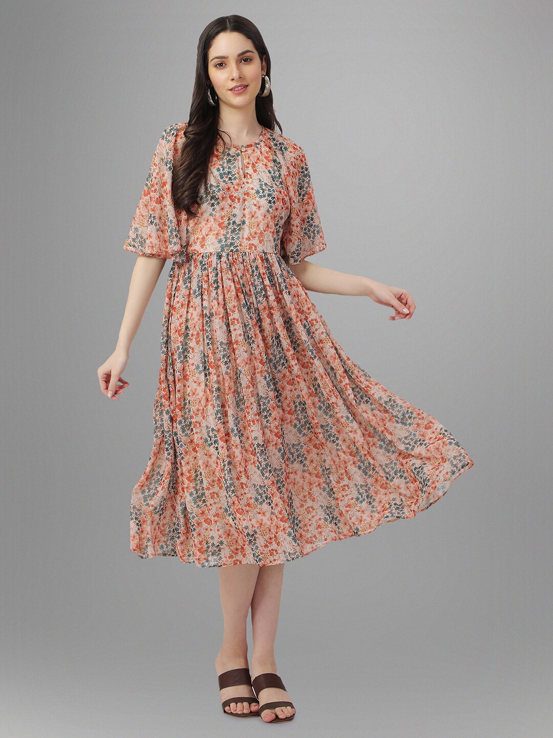 

Masakali.Co Floral Printed Round Neck Flared Sleeves Georgette Fit & Flare Midi Dress, Peach