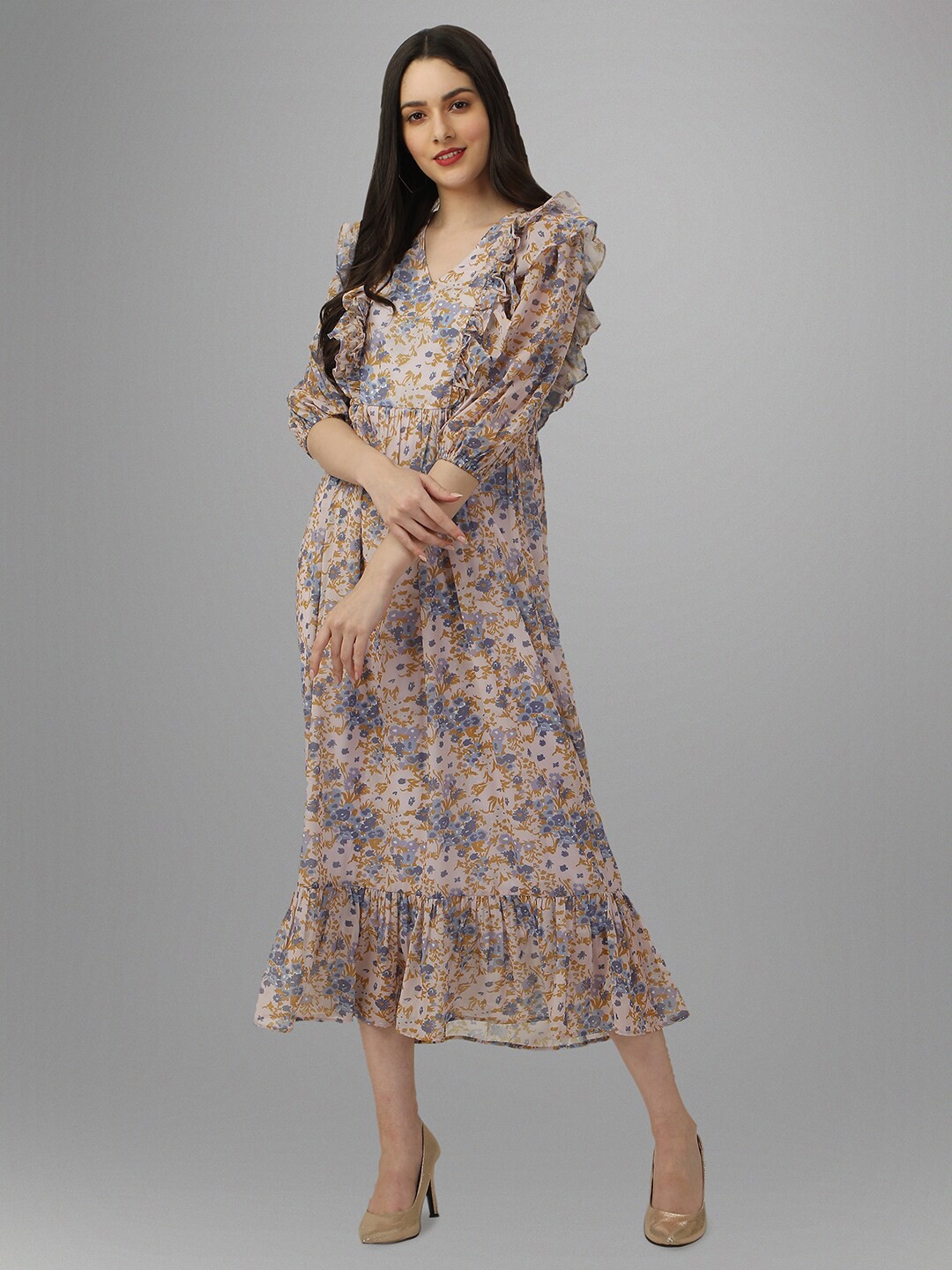 

Masakali.Co Floral Printed V-Neck Puff Sleeves Georgette A-Line Midi Dress, Off white