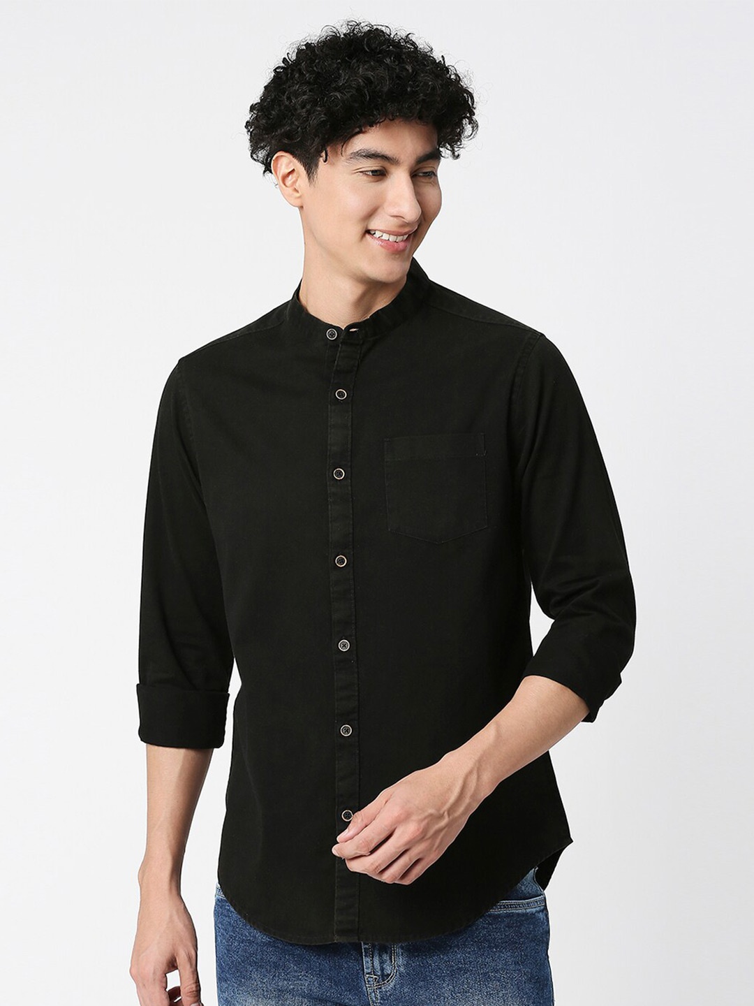 

VALEN CLUB Mandarin Collar Slim Fit Opaque Casual Cotton Shirt, White