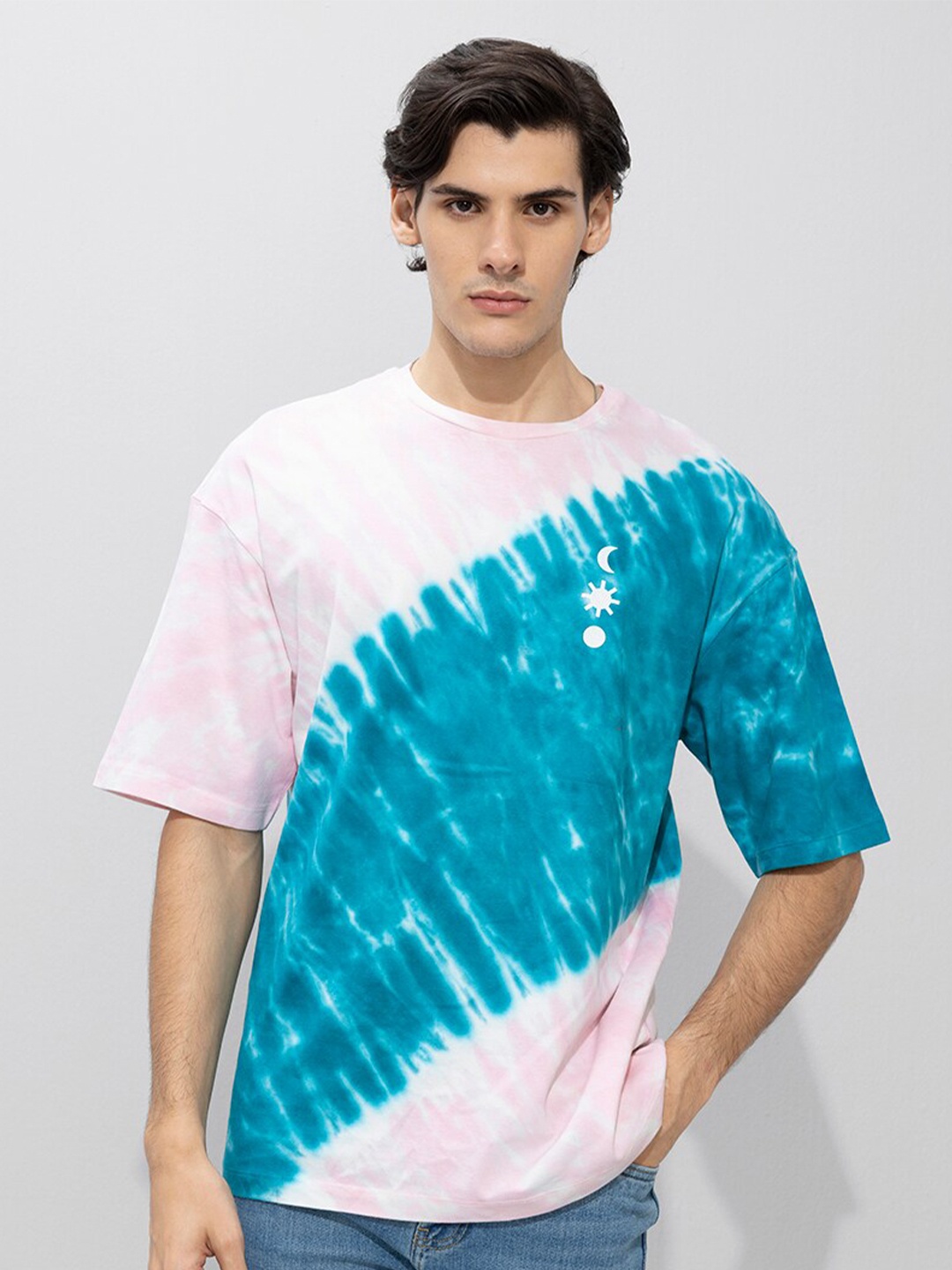 

Snitch Pink & Blue Tie & Dye Drop Shoulder Sleeves Cotton Oversized T-Shirt