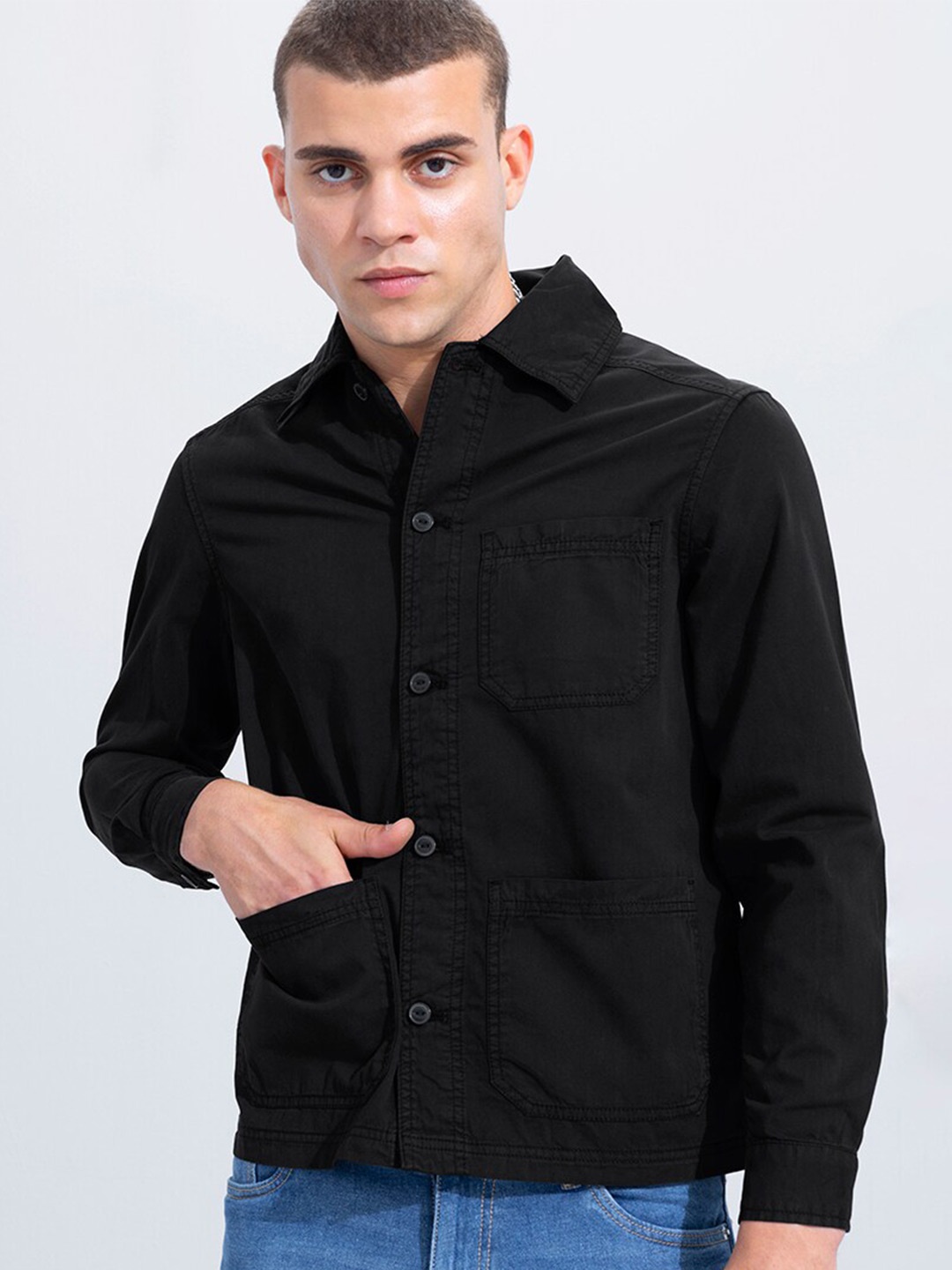 

Snitch Black Classic Cotton Casual Shirt