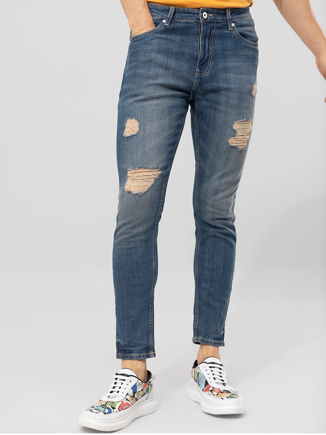 

Snitch Men Blue Skinny Fit Low-Rise Highly Distressed Light Fade Stretchable Jeans