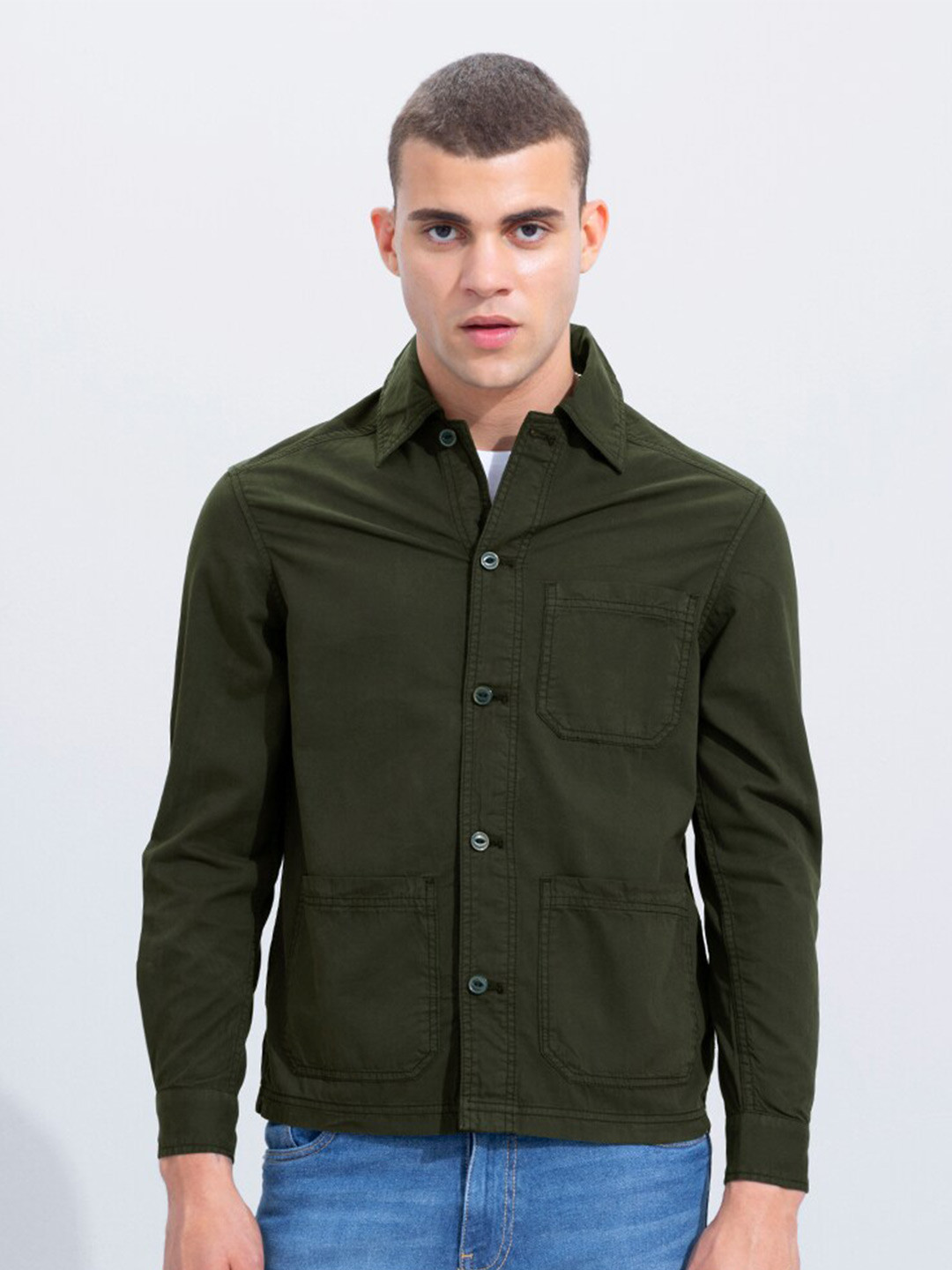 

Snitch Olive Green Classic Cotton Casual Shirt