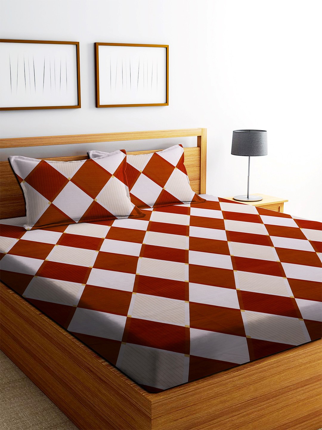 

MODEFE Brown & Red Geometric Cotton 180 TC Queen Bedsheet With 2 Pillow Covers