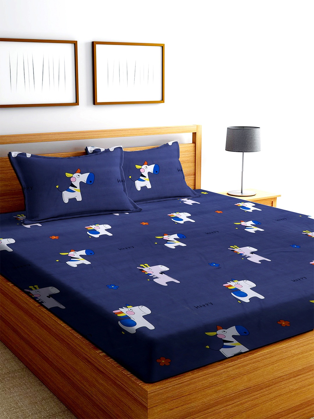 

MODEFE Blue & White Cartoon Characters Cotton 180 TC Queen Bedsheet With 2 Pillow Covers