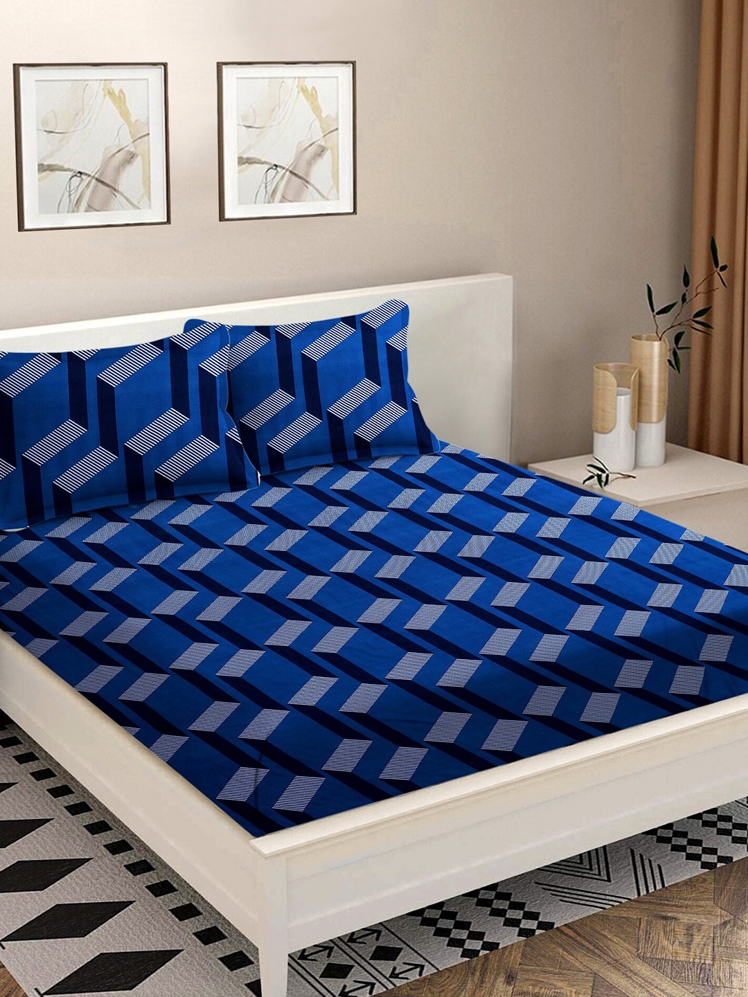 

MODEFE Blue & Grey Geometric Cotton 180 TC Queen Bedsheet With 2 Pillow Covers