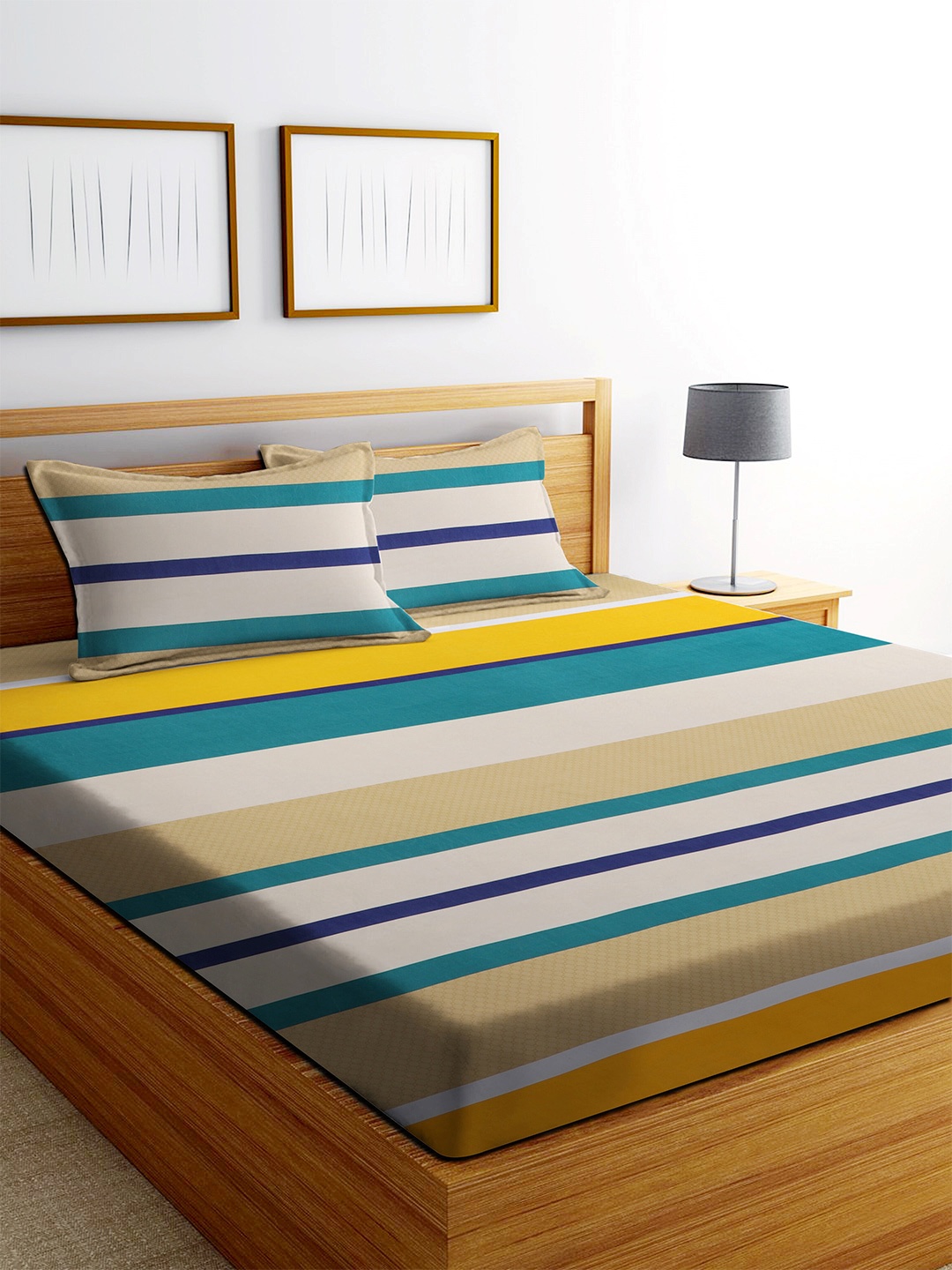 

MODEFE Beige & Green Striped Cotton 180 TC Queen Bedsheet With 2 Pillow Covers