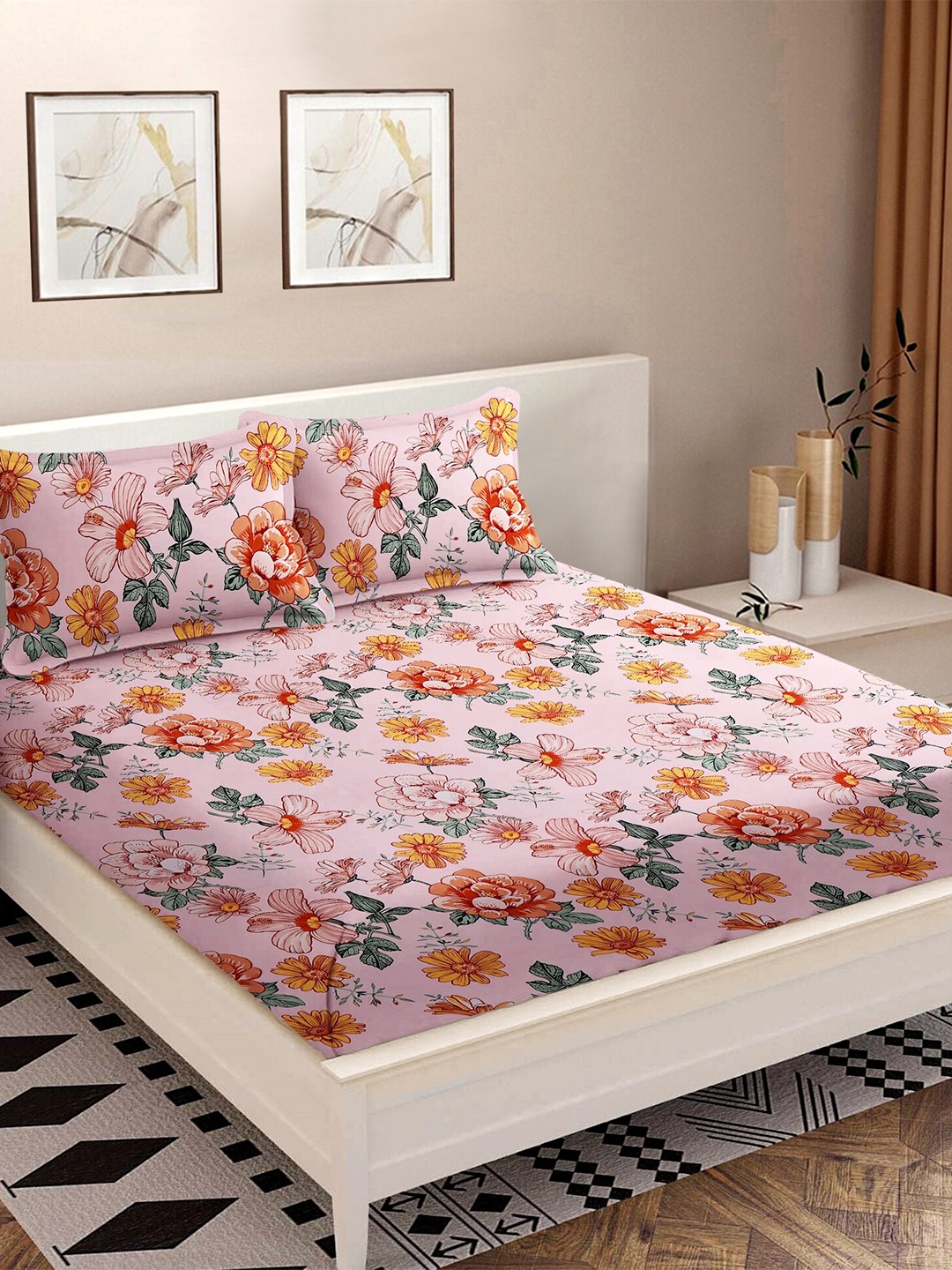 

MODEFE Pink & Red Floral Cotton 180 TC Queen Bedsheet With 2 Pillow Covers