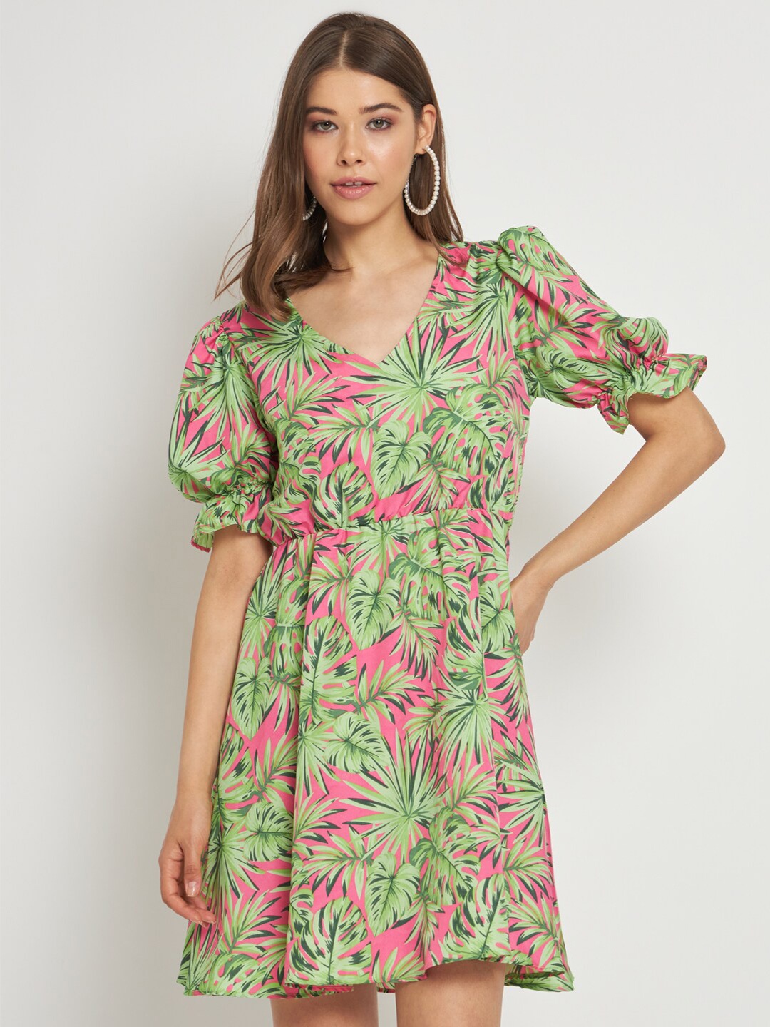 

CUFFS N LASHES Floral Printed Puff Sleeves Fit & Flare Dress, Green