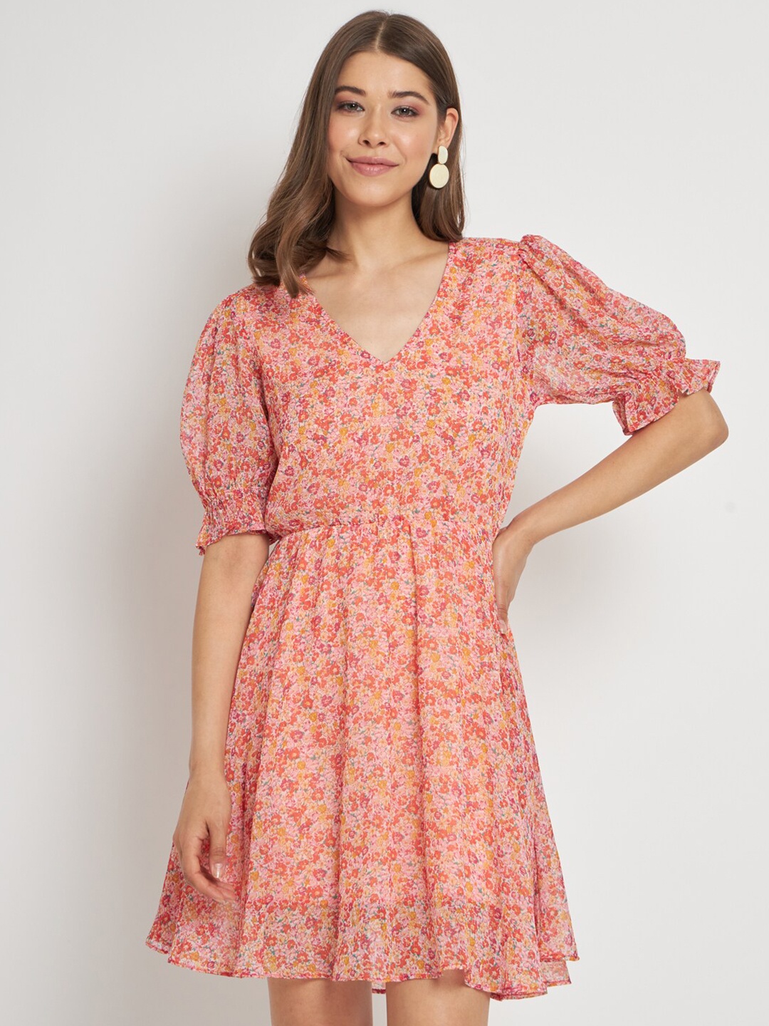 

CUFFS N LASHES Floral Printed Bell Sleeve Fit & Flare Dress, Orange