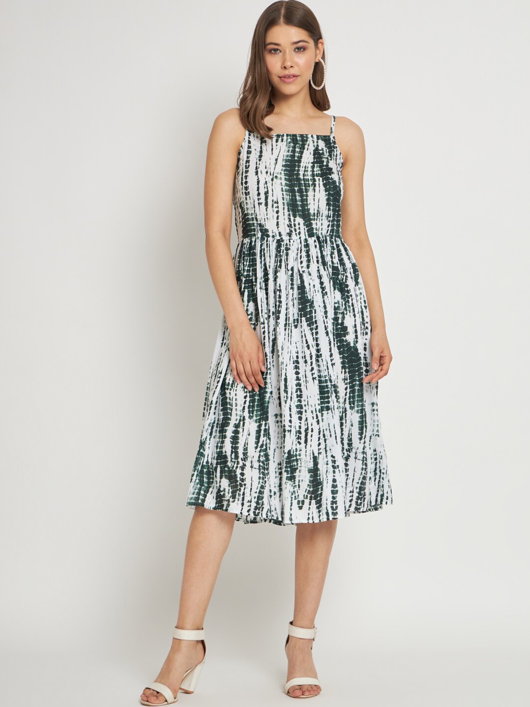 

CUFFS N LASHES Abstract Printed Sleeves Fit & Flare Dress, Green