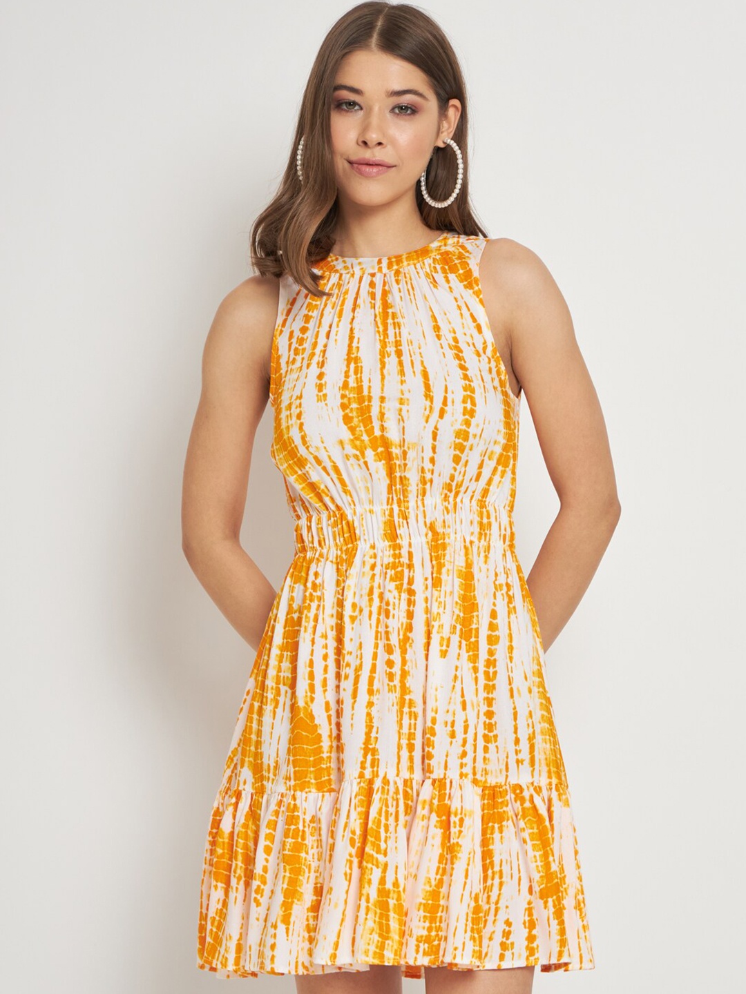 

CUFFS N LASHES Abstract Printed Fit & Flare Dress, Yellow