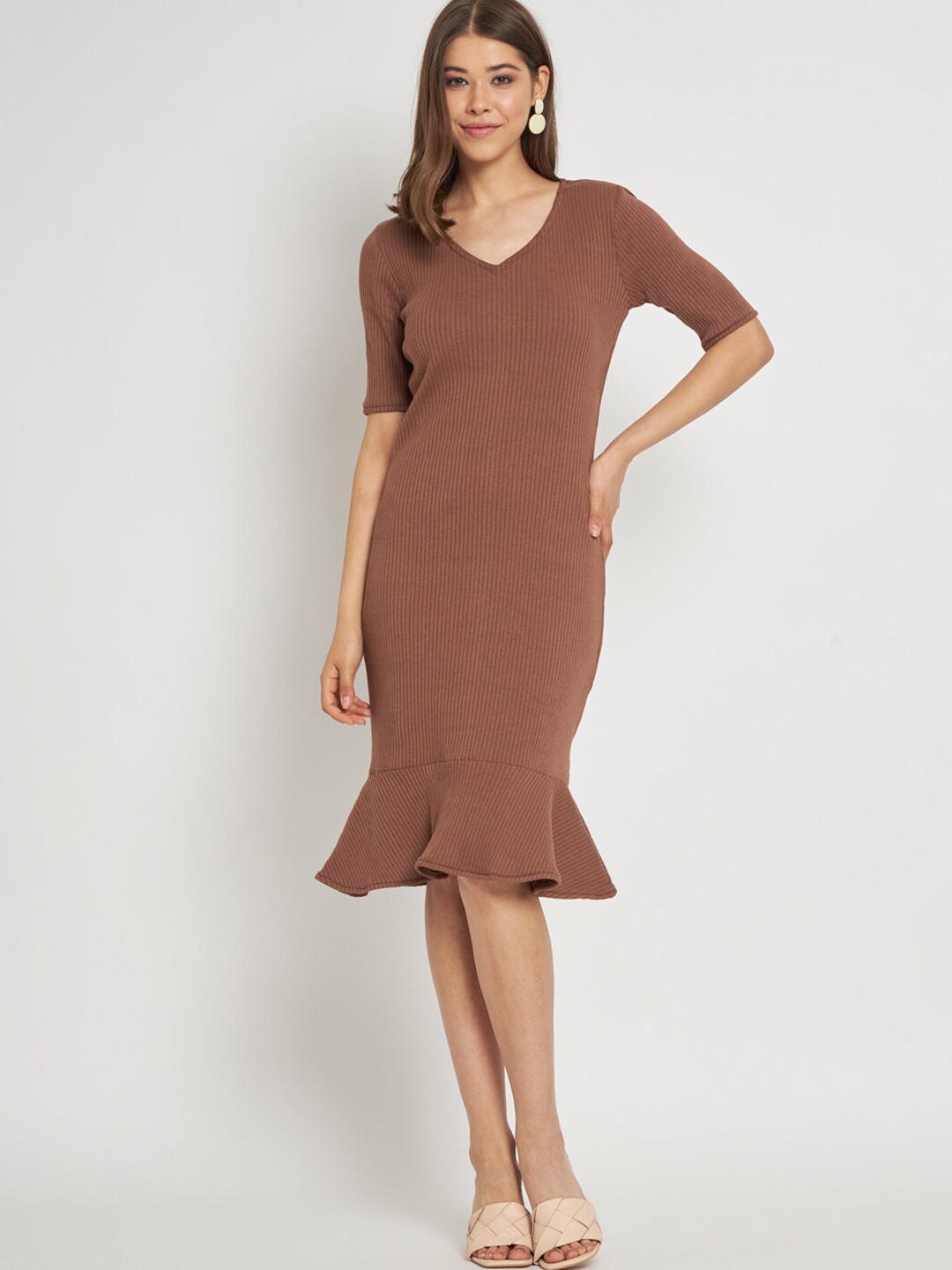 

CUFFS N LASHES V-Neck Sheath Dress, Brown