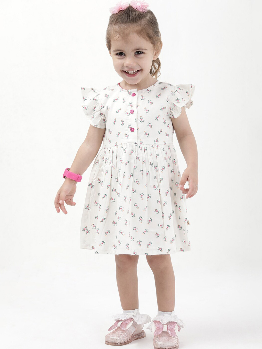 

Budding Bees Girls Floral Printed Flutter Sleeves Fit & Flare Dress, White