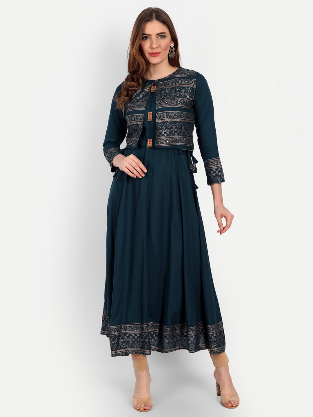 

Happy Design Ethnic Motifs Printed Tie-Ups Detailed A-Line Kurta With Jacket, Teal