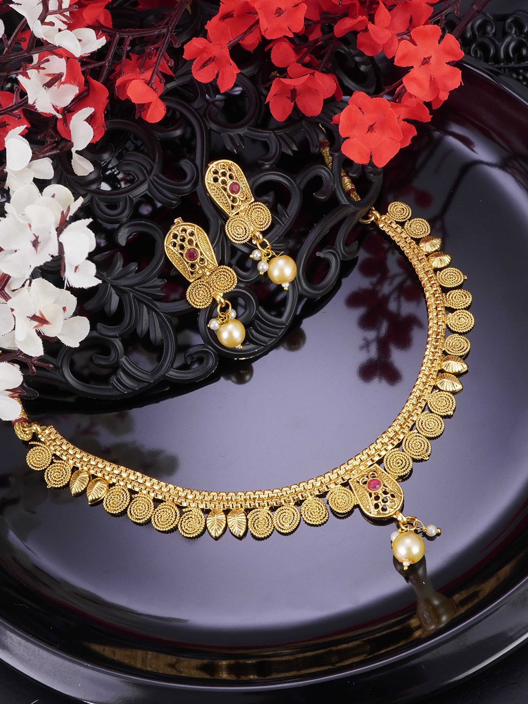 

LAFORWORD Gold-Plated Stone-Studded Jewellery Set