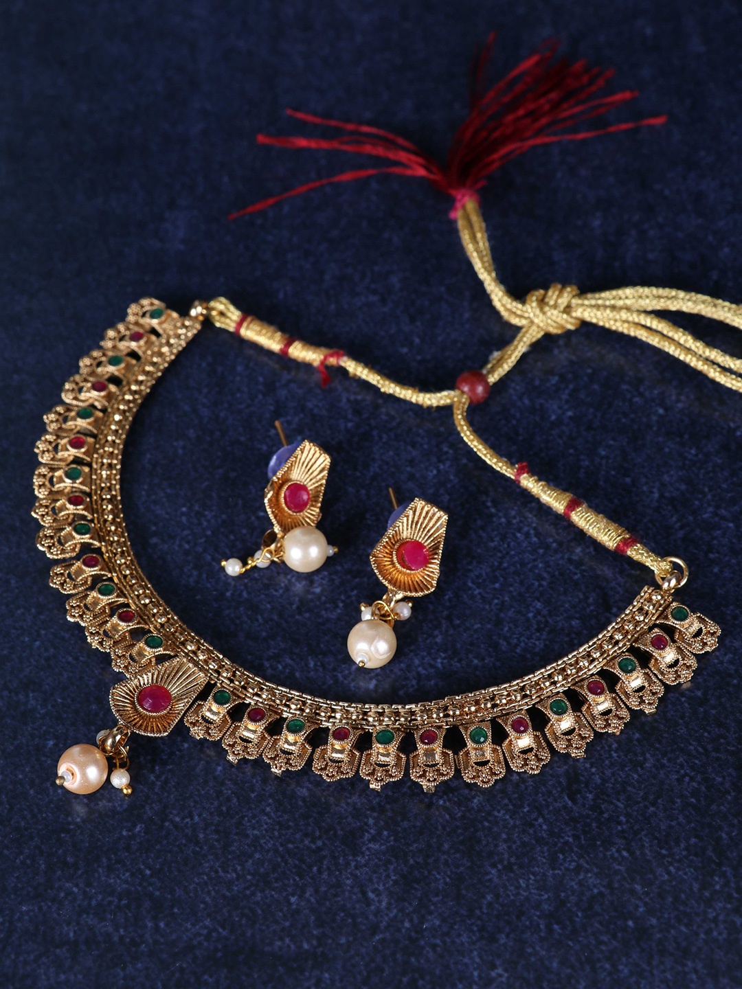 

LAFORWORD Gold-Plated Stone-Studded & Beaded Jewellery Set