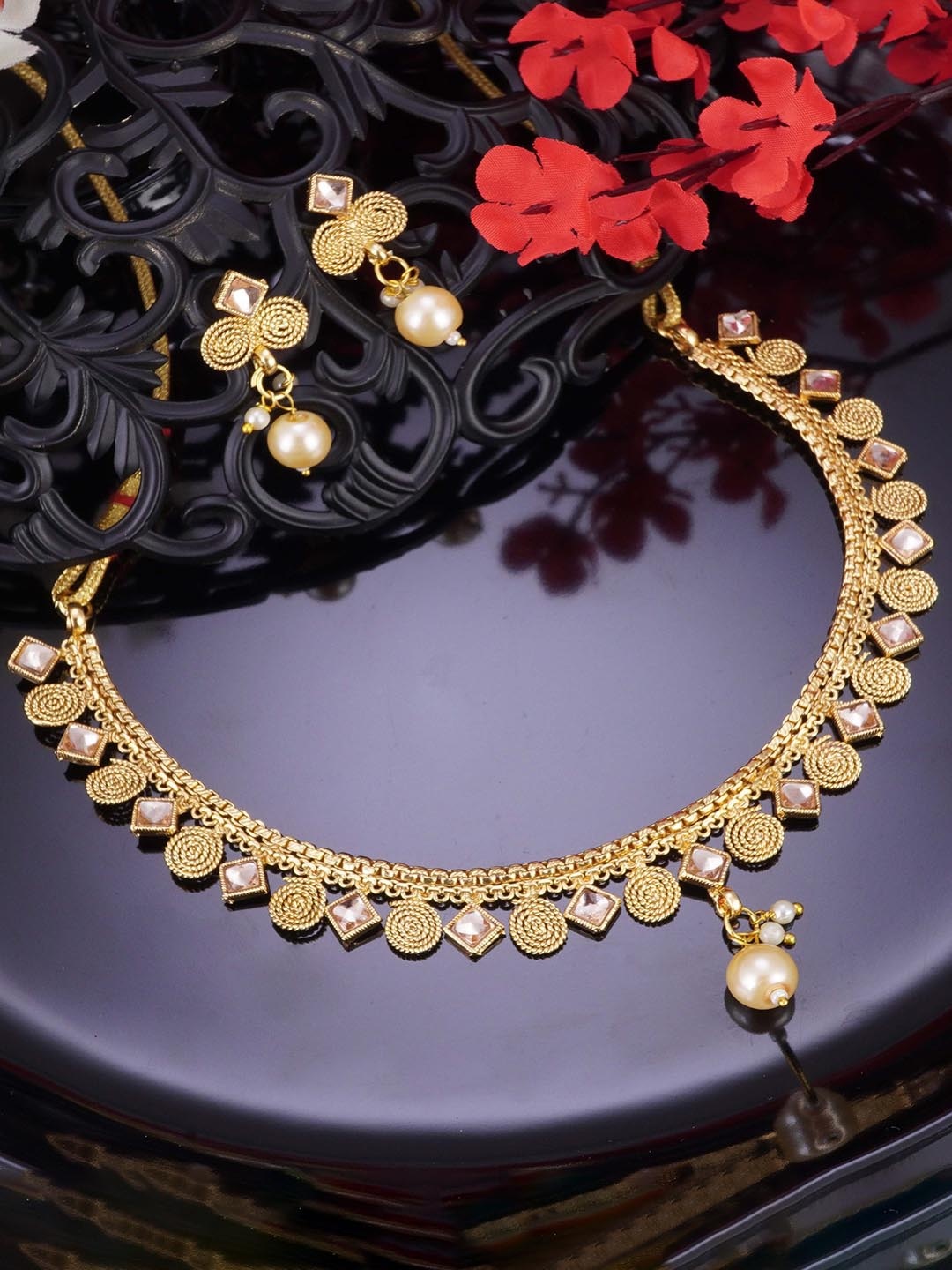 

LAFORWORD Stone-Studded & Beaded Jewellery Set, Gold
