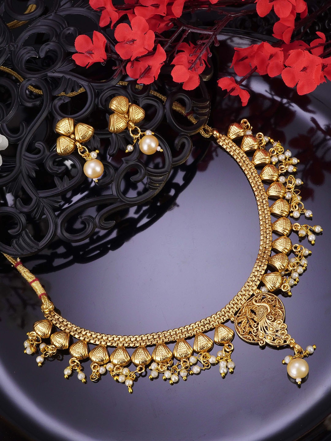 

LAFORWORD Gold-Plated Peacock Motif Designed & Beaded Jewellery Set