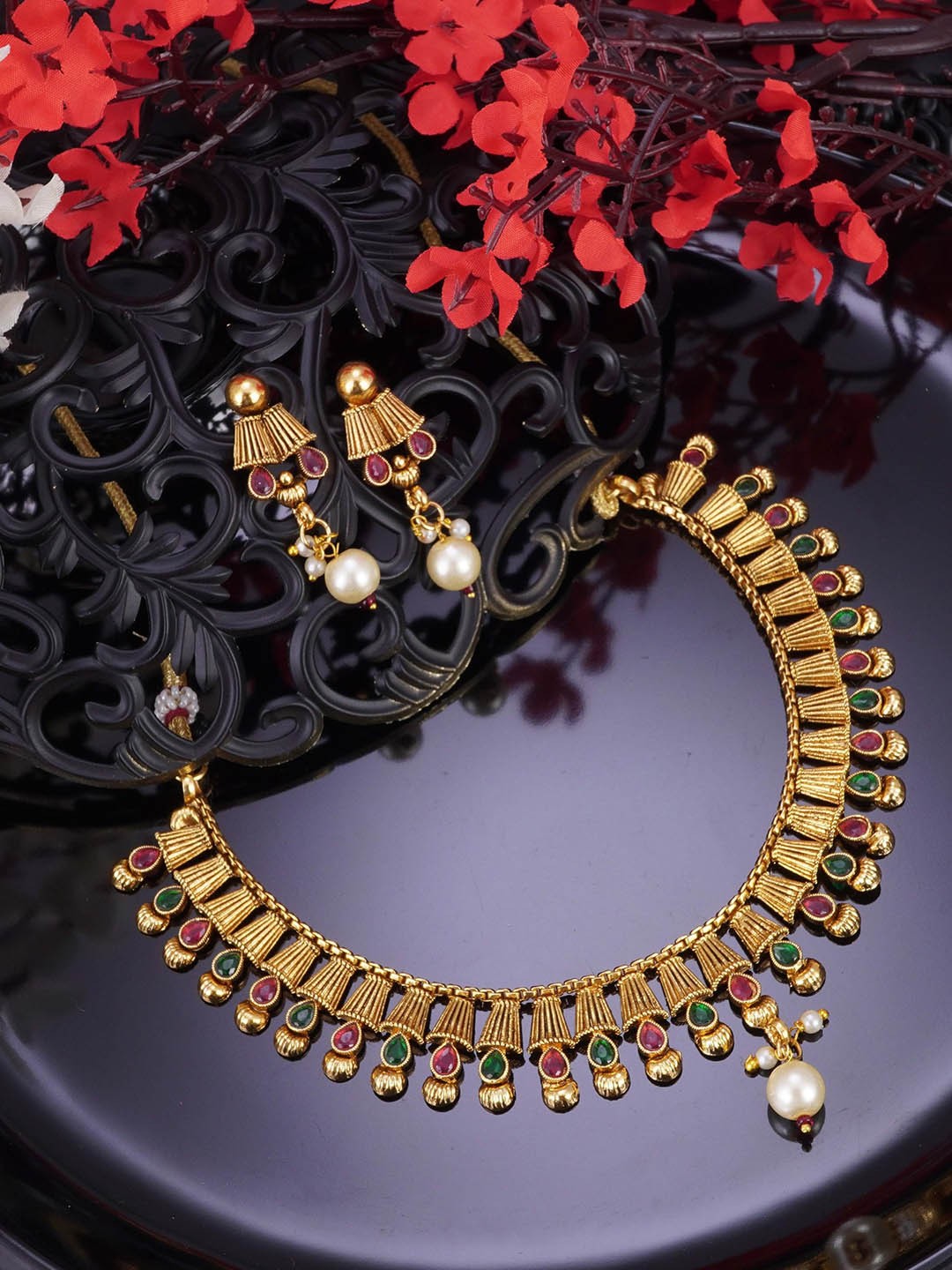 

LAFORWORD Gold-Plated Stone-Studded & Beaded Jewellery Set
