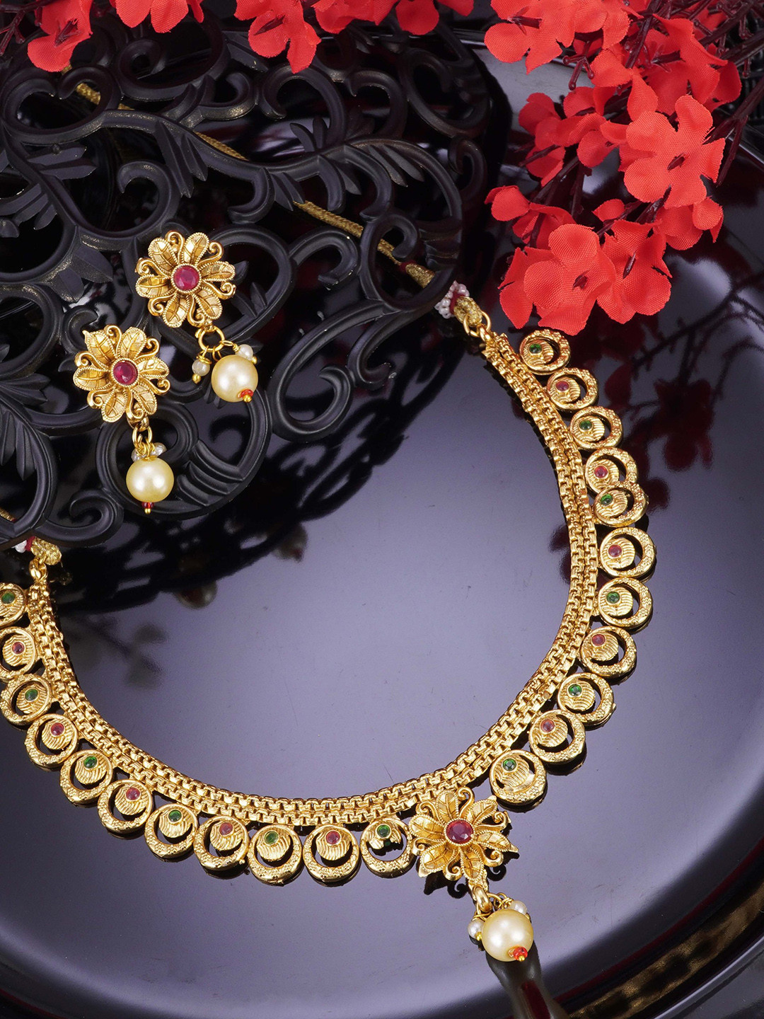 

LAFORWORD Gold-Plated Stone-Studded & Beaded Jewellery Set