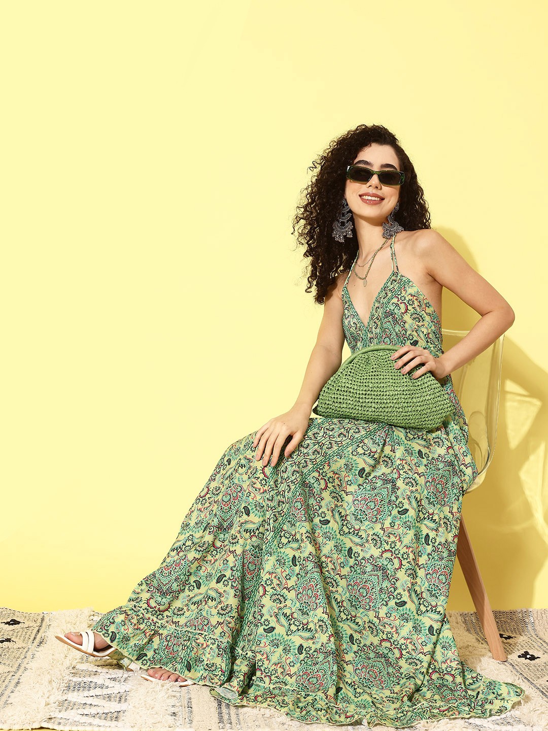 

InWeave Floral Print Halter Neck Crepe Maxi Dress, Green