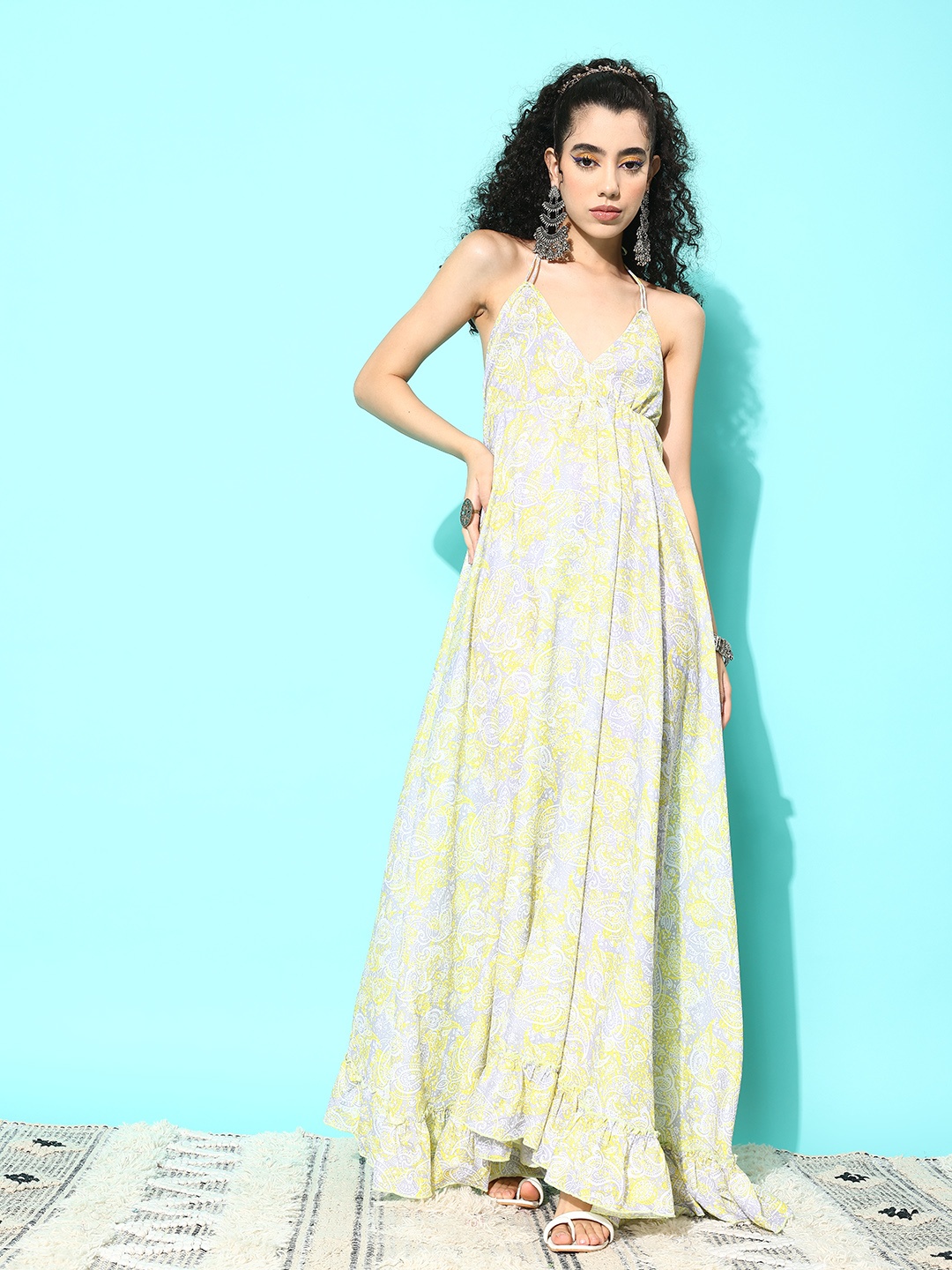 

InWeave Ethnic Motifs Print Halter Neck Crepe Maxi Dress, Yellow