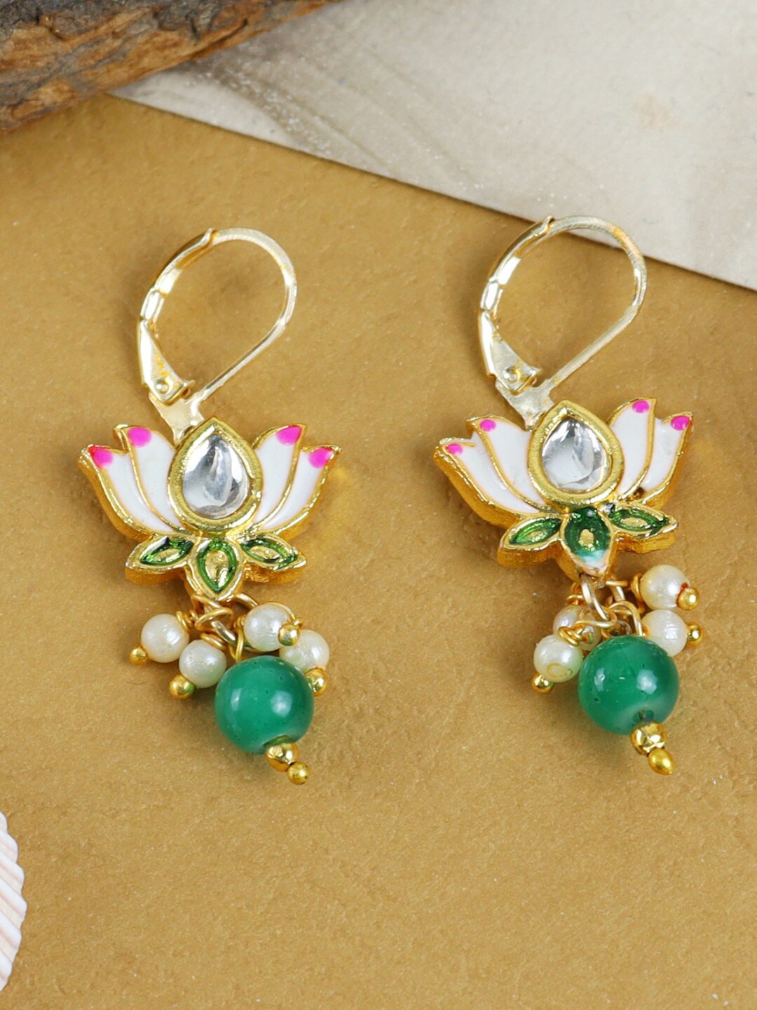 

Asthetika Kids Gold Plated Contemporary Meenakari Lotus Kundan Drop Earrings