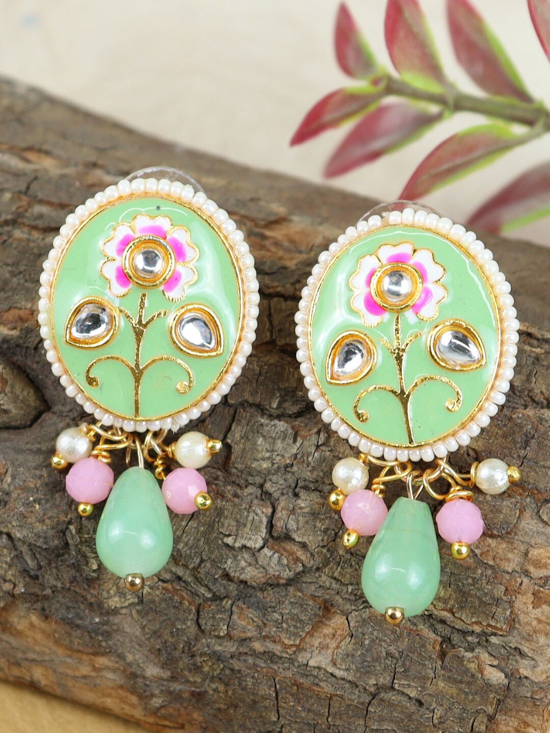 

Asthetika Kids Gold Plated Circular Meenakari Kundan Drop Earrings