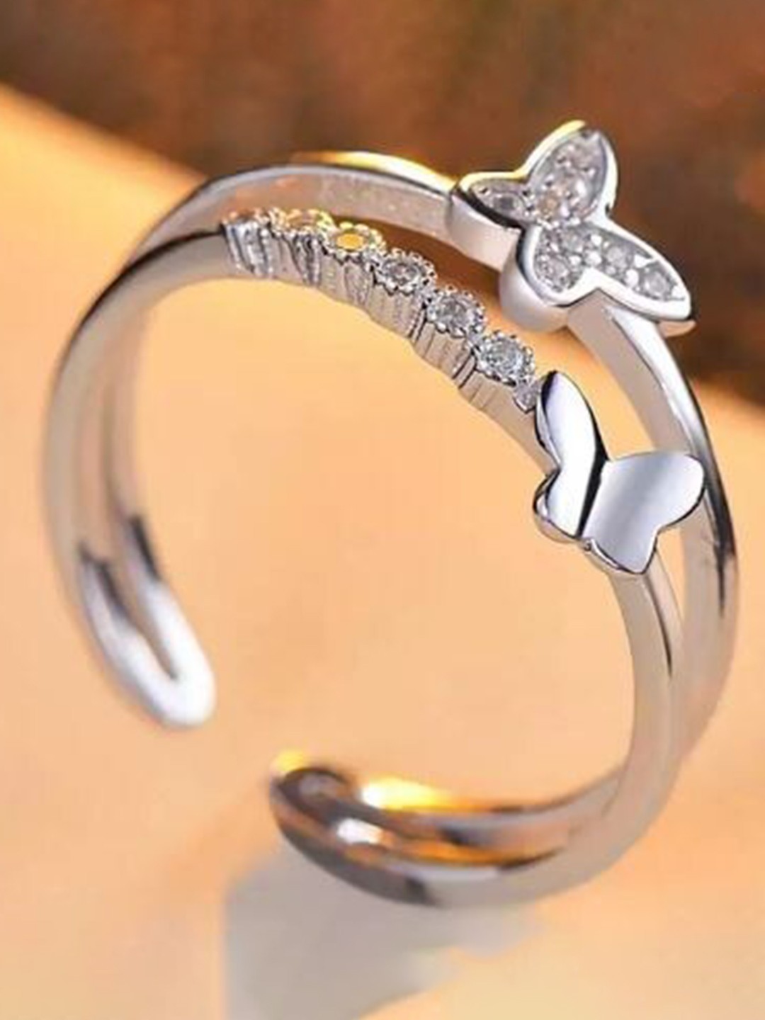 

MEENAZ Silver-Plated AD-Studded Stainless Steel Finger Ring