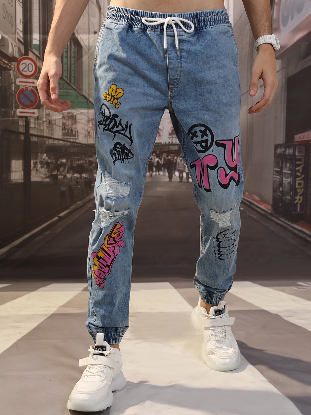

HIGHLANDER Men Blue Printed Highly Distress Jogger stretchable Jeans